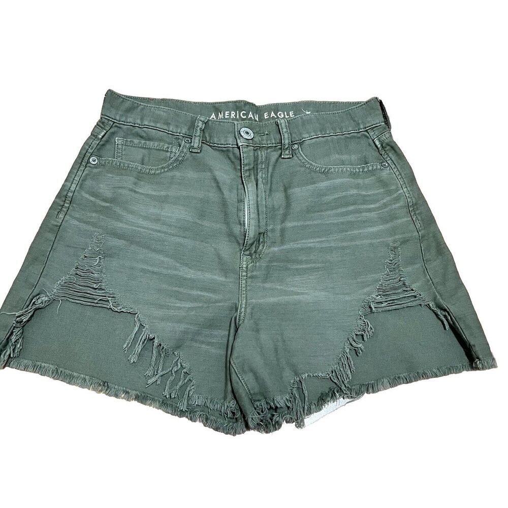 American Eagle Highest Rise Mom‎ Shorts Size Army Green Cutout Distress Raw Hem